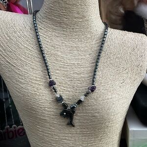 Elegant hematite, amethyst and clear quartz Dolphin Necklace 18”